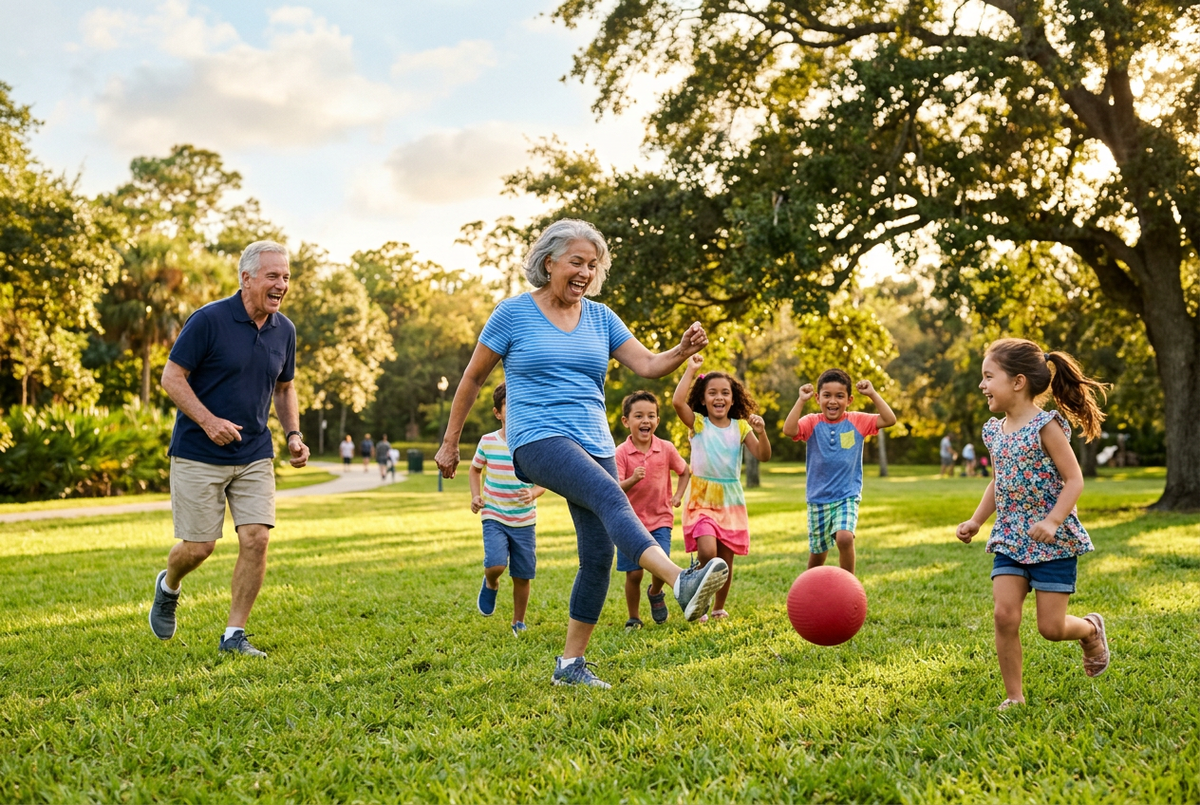 Energetic grandparents playing kickball with grandchildren in a sunny park, representing the lifelong vitality and longevity benefits of Japanese Knotweed and Resveratrol