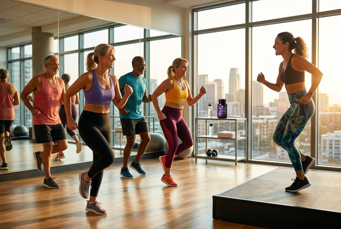 Energetic group of middle-aged adults in a cardio gym class, representing the cardiovascular and longevity benefits of Resveratrol