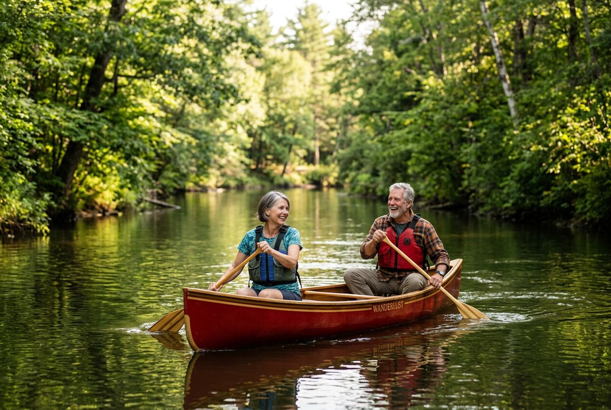 Middle-aged couple paddling a canoe on a peaceful river, representing the active vitality and metabolic health benefits of Berberine
