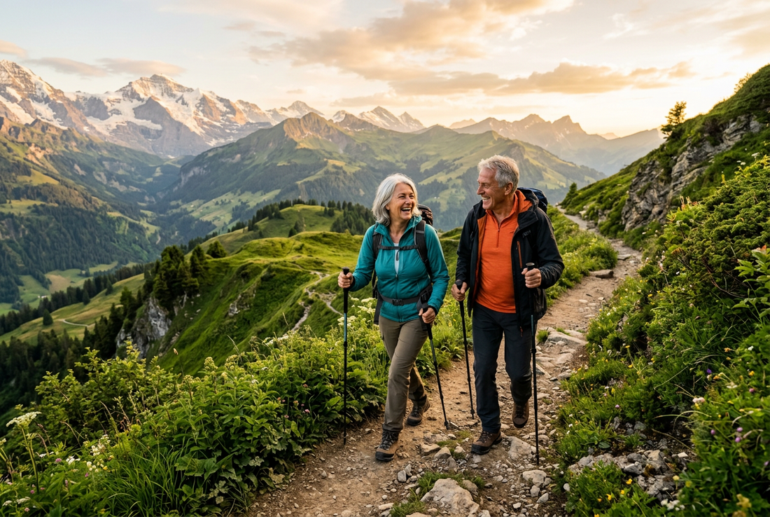 Vibrant older couple hiking on a scenic mountain trail, representing the cellular vitality and longevity benefits of Quercetin
