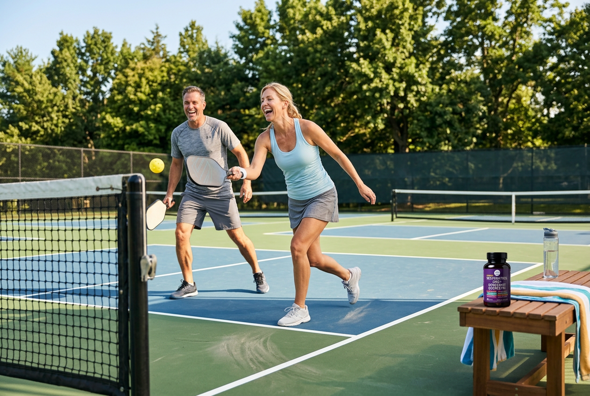 Active 40+ couple playing pickleball, representing the energy and longevity benefits of NAD+, Berberine, and Resveratrol