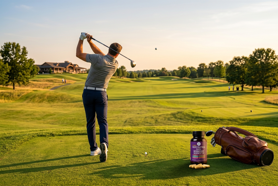 Golfer powering a tee shot down the fairway with EVEREST NAD+ supplement, representing peak energy and performance