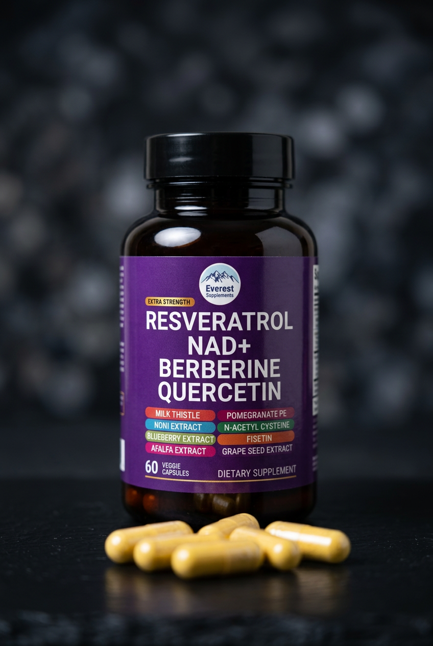 Everest NAD+ Resveratrol Berberine Quercetin supplement for energy, endurance, mental clarity and both physical and mental activity.