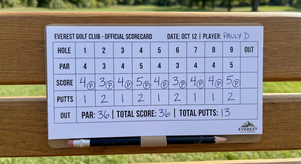 An official Everest Golf Club scorecard filled out under the player name Pauly D, showing an even-par score of 36 for nine holes with an efficient total of 13 putts.