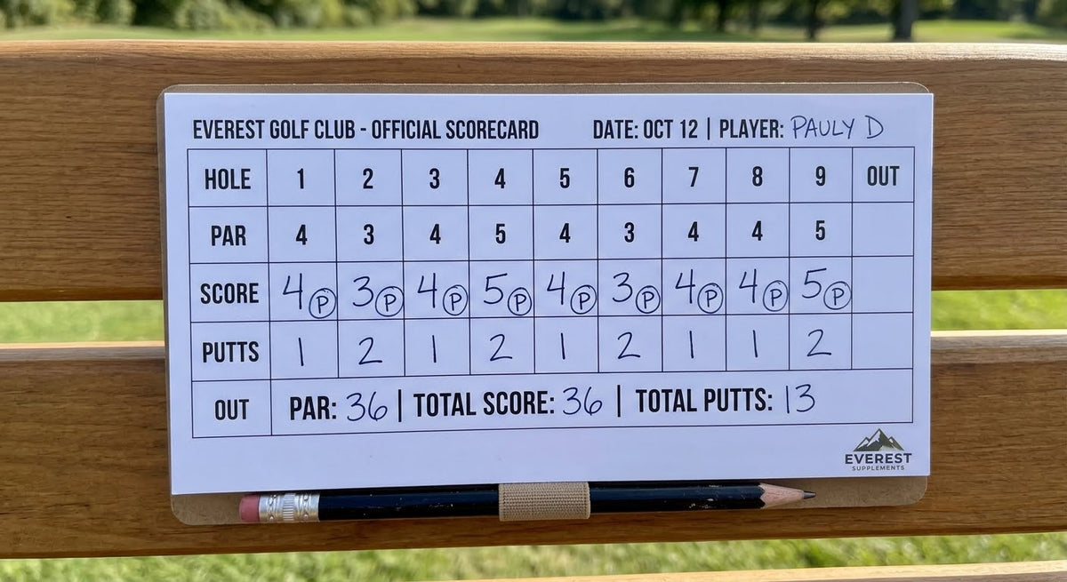 An official Everest Golf Club scorecard filled out under the player name Pauly D, showing an even-par score of 36 for nine holes with an efficient total of 13 putts.