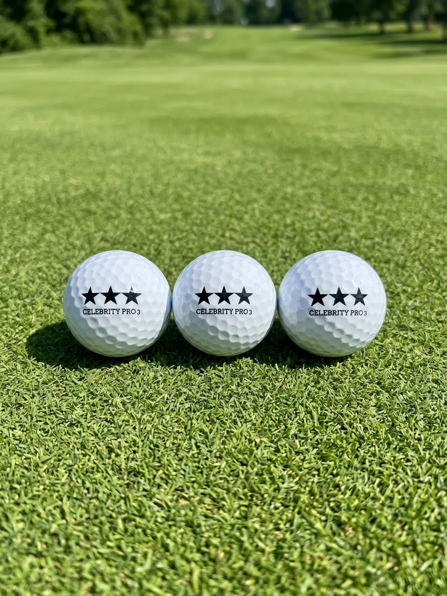 Three white Celebrity Pro 3 custom premium golf balls aligned in a row on a lush green golf course fairway under bright daylight.