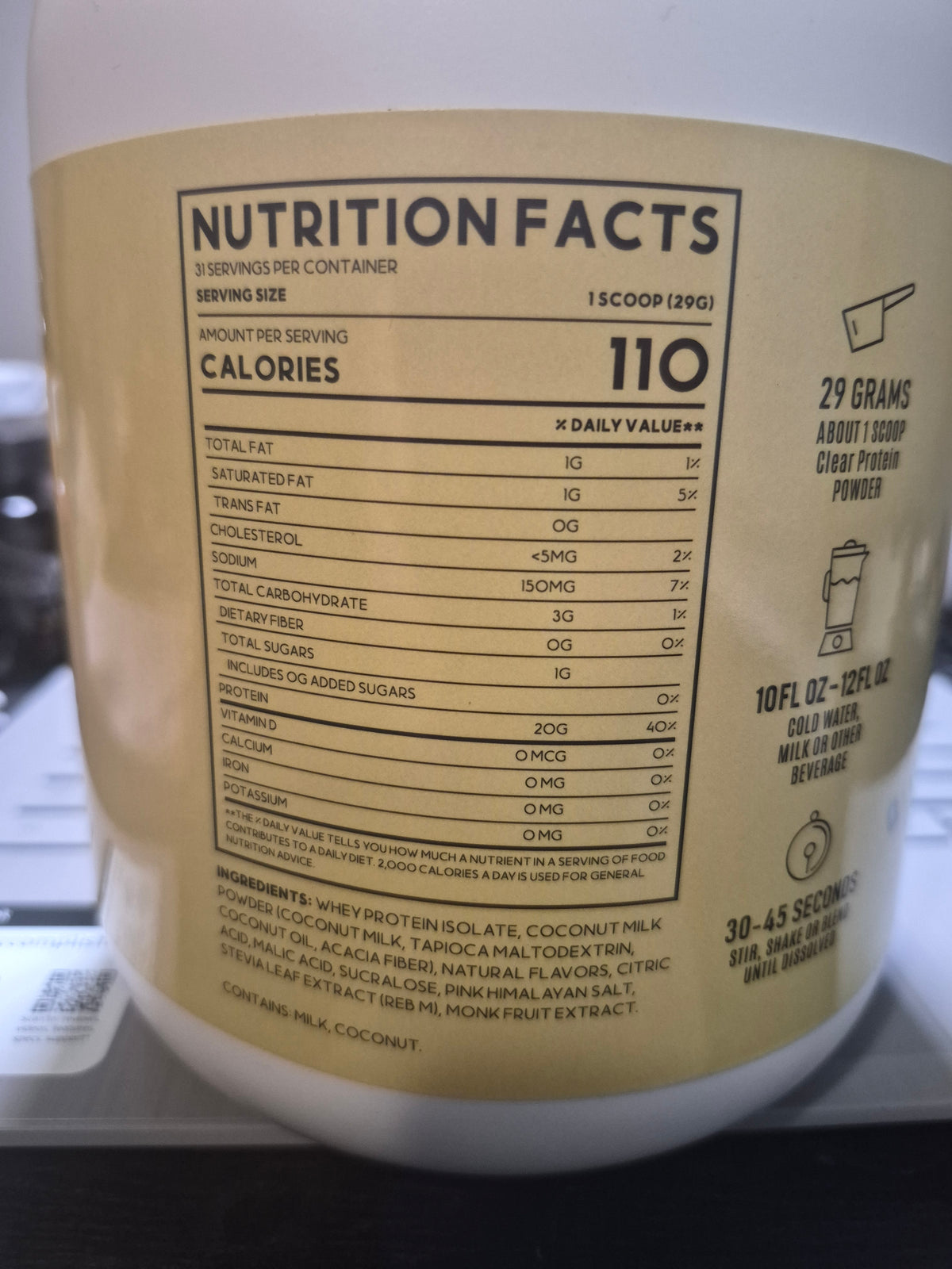 EVEREST Clear Protein nutrition facts panel - 31 servings 110 calories