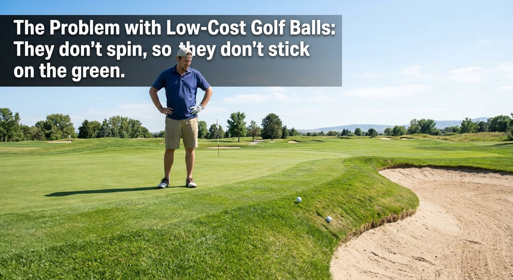 A frustrated golfer standing on a putting green with hands on his hips, watching his low-spin golf ball roll off the grass toward a sand trap bunker under a clear blue sky.