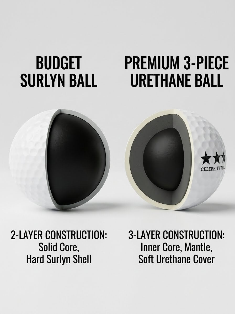 Side-by-side cutaway comparison of a budget 2-layer Surlyn golf ball showing a solid core next to a premium 3-piece Celebrity Pro 3 urethane golf ball detailing the inner core, mantle layer, and soft cover.
