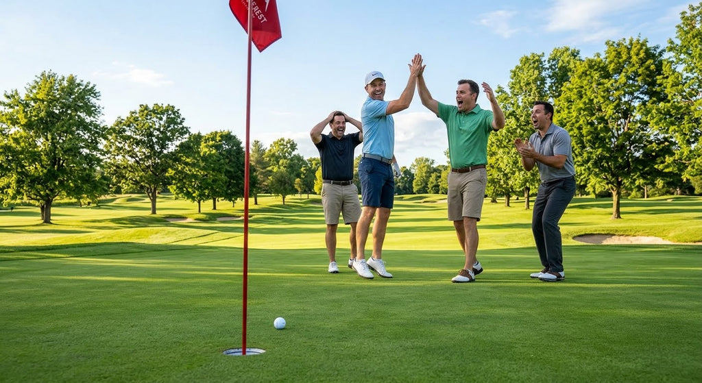 Four happy male golfers celebrating on a sunny putting green, high-fiving and cheering next to the pin flag stick after a successful shot lands near the hole.