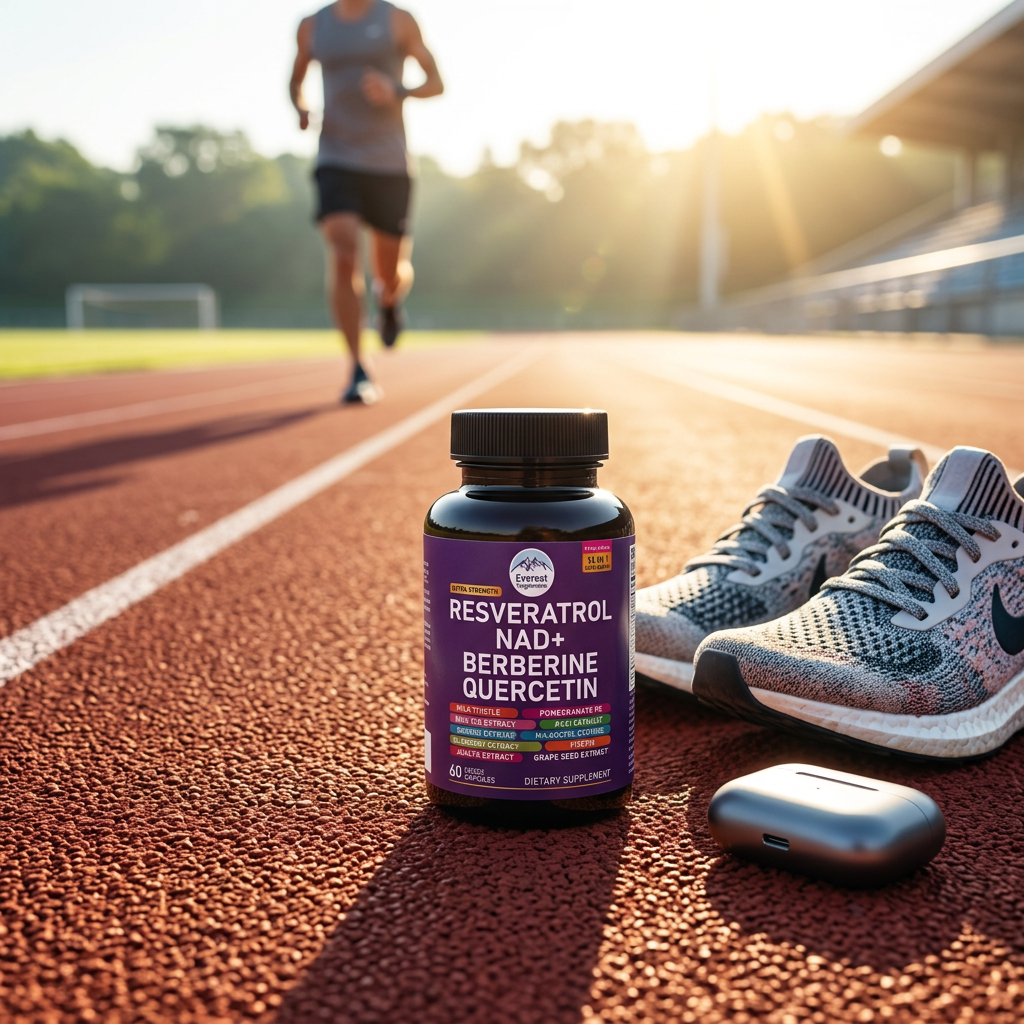 Everest NAD+ supplement bottle on outdoor running track cardio fitness lifestyle