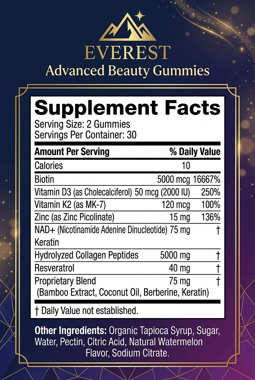 EVEREST Beauty Gummies Supplement Facts Panel