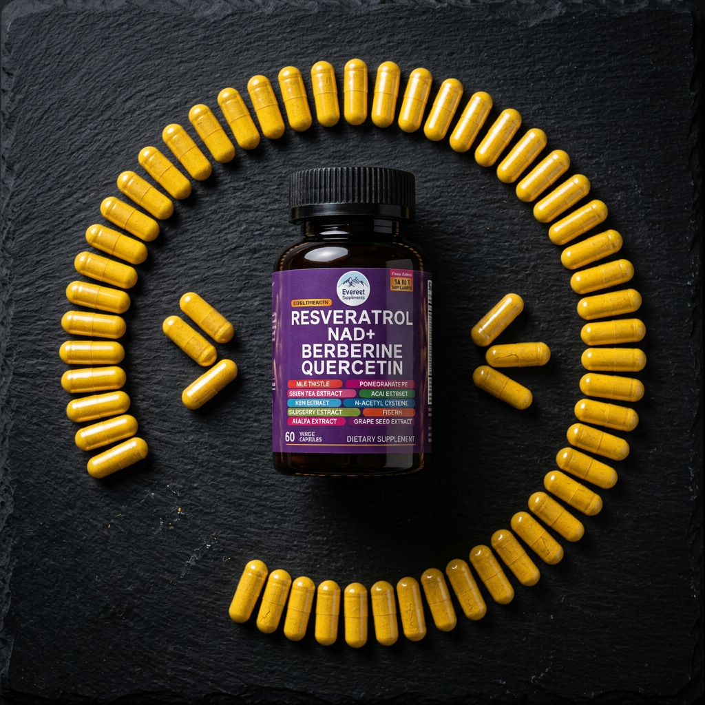 Everest NAD+ supplement bottle flat lay overhead on dark slate with yellow capsules
