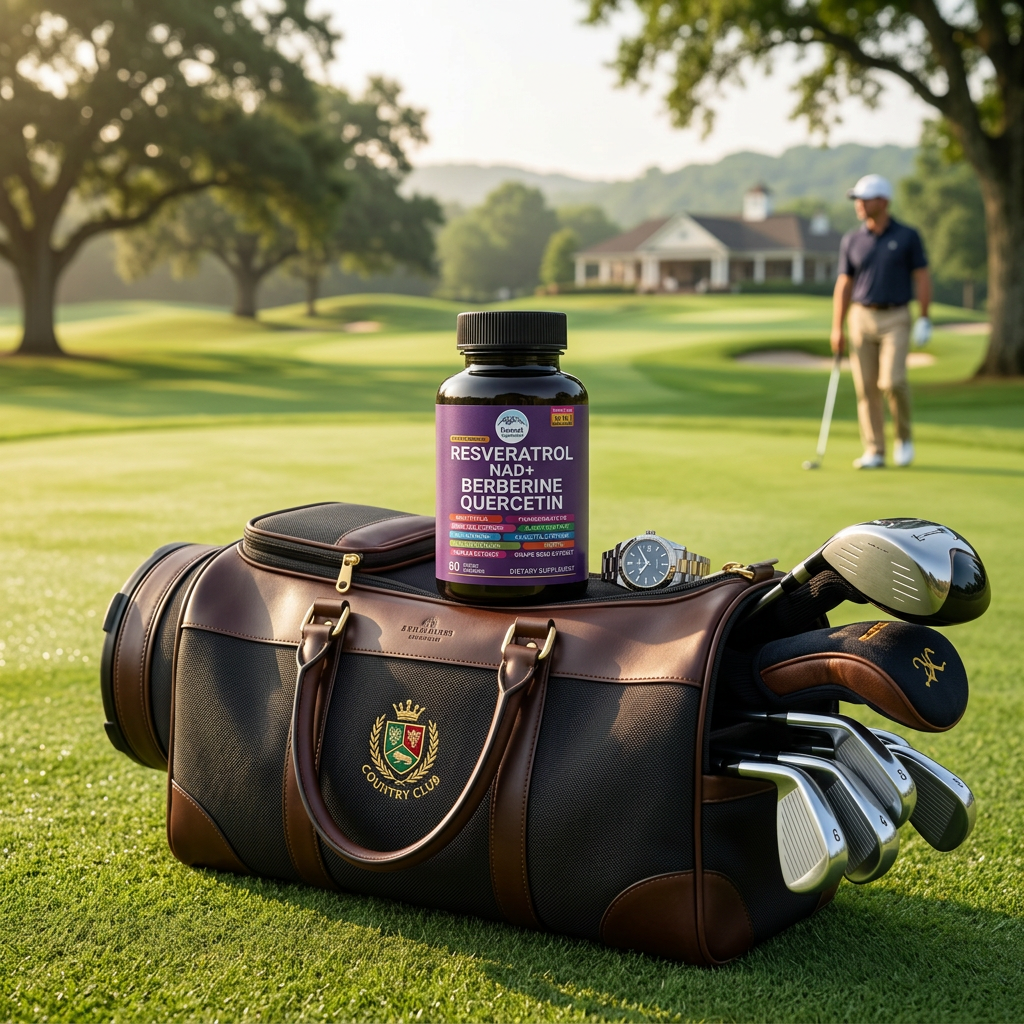 Everest NAD+ supplement bottle on golf bag at golf course premium lifestyle