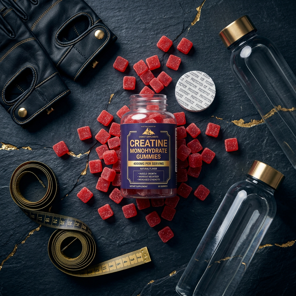 EVEREST Creatine Gummies spilled flat lay on dark slate