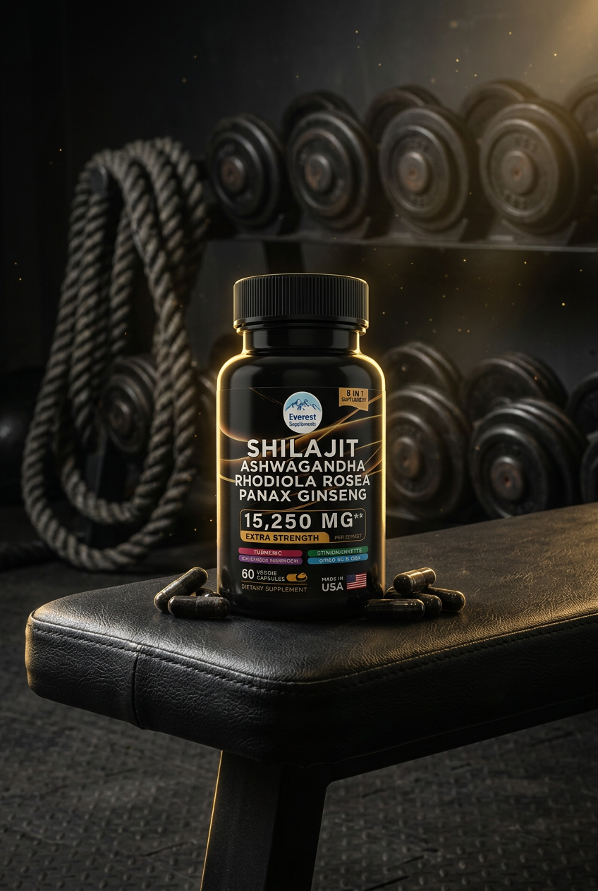 Everest Supplements bottle in gym setting