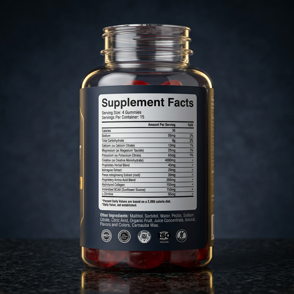 EVEREST Creatine Gummies supplement facts panel - upright and enlarged