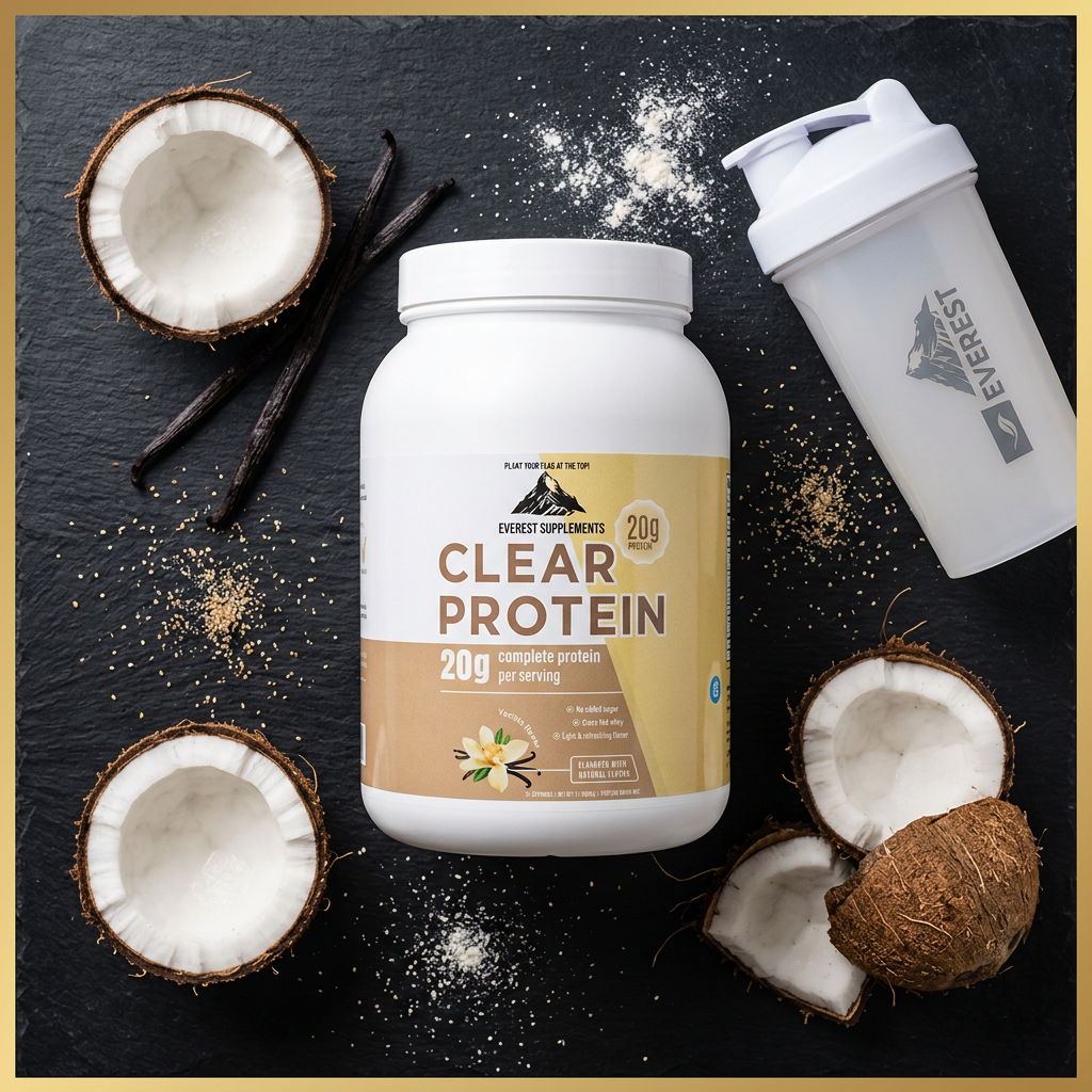EVEREST Clear Protein vanilla coconut ingredients flat lay