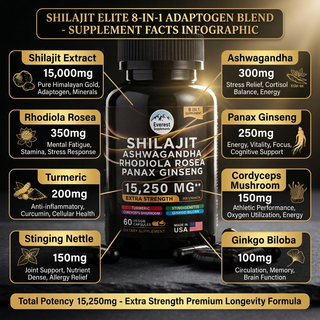EVEREST Shilajit Elite supplement facts - 8 ingredients including Shilajit 15,000mg, Ashwagandha, Rhodiola Rosea, Panax Ginseng and more