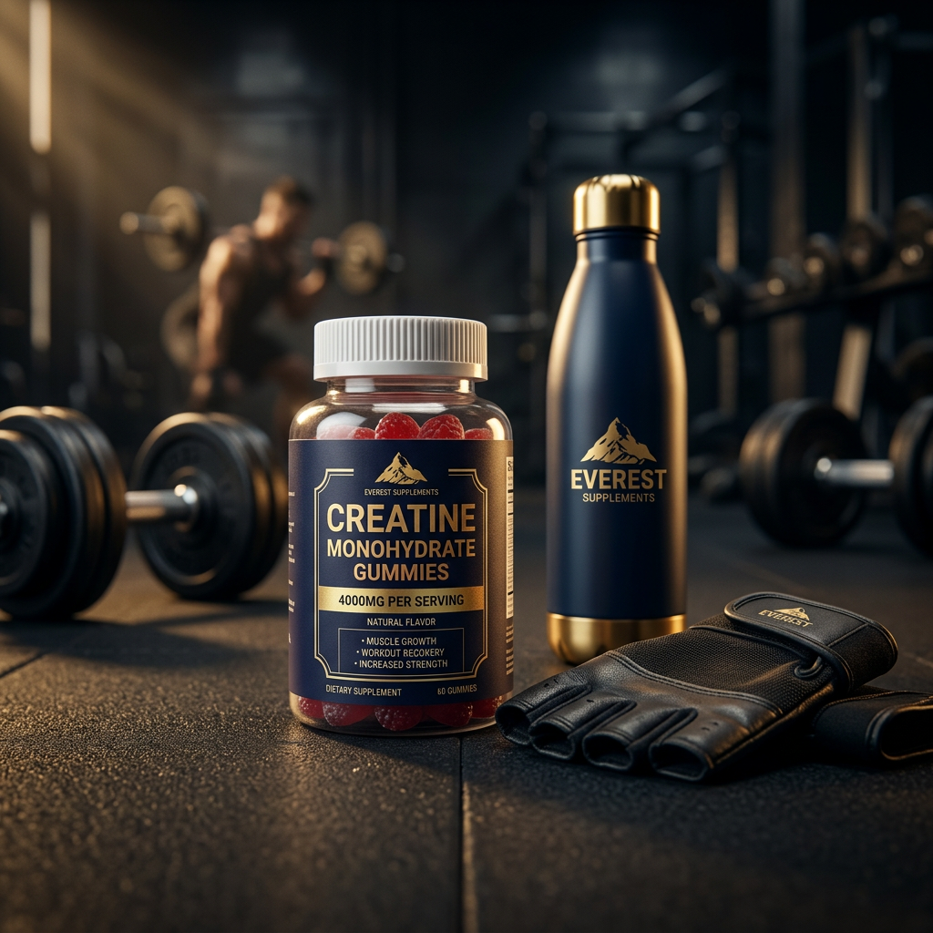 EVEREST Creatine Gummies gym gear flat lay with gloves and water bottle