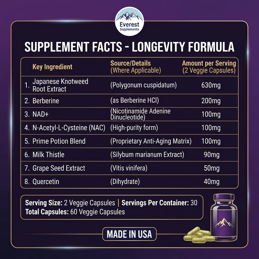 EVEREST NAD+ Resveratrol Berberine Quercetin supplement facts - key ingredients and dosages including Resveratrol 630mg, Berberine 200mg, NAD+ 100mg