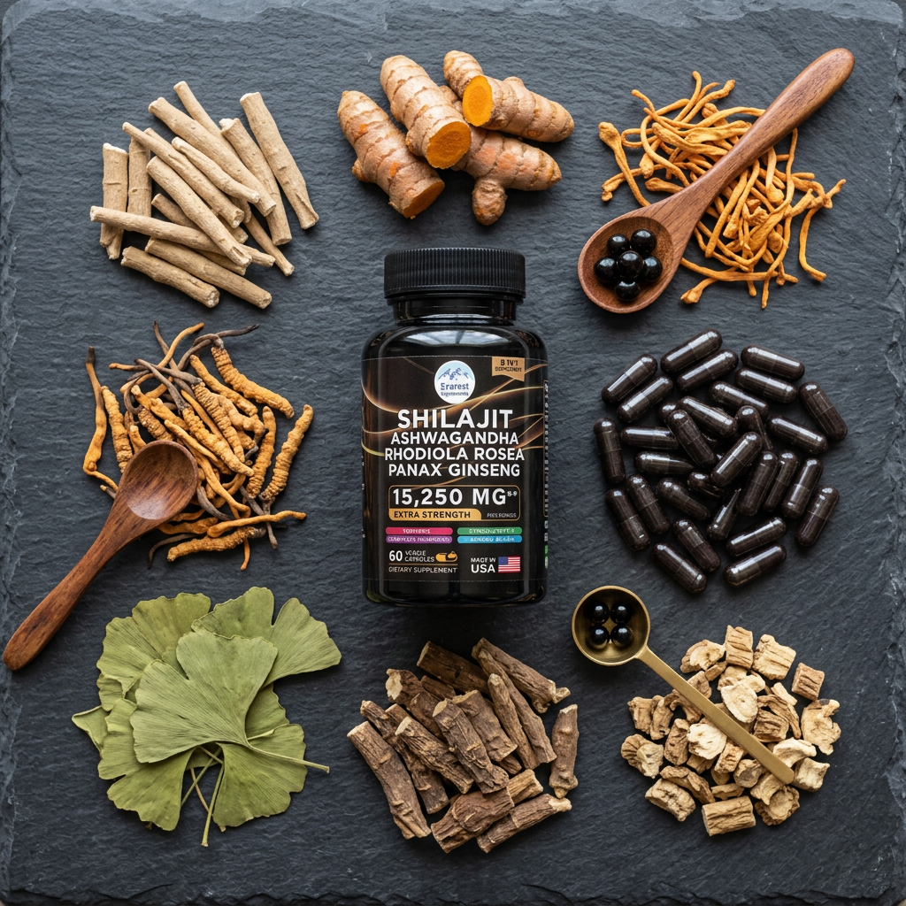 Everest Supplements bottle surrounded by raw botanicals on dark stone