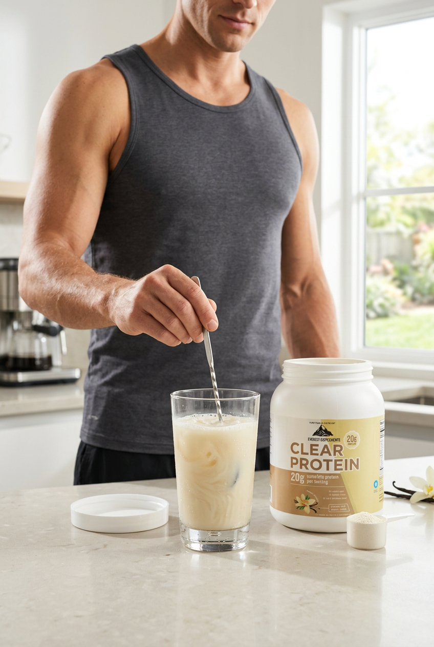 Athlete mixing EVEREST Clear Protein lifestyle shot