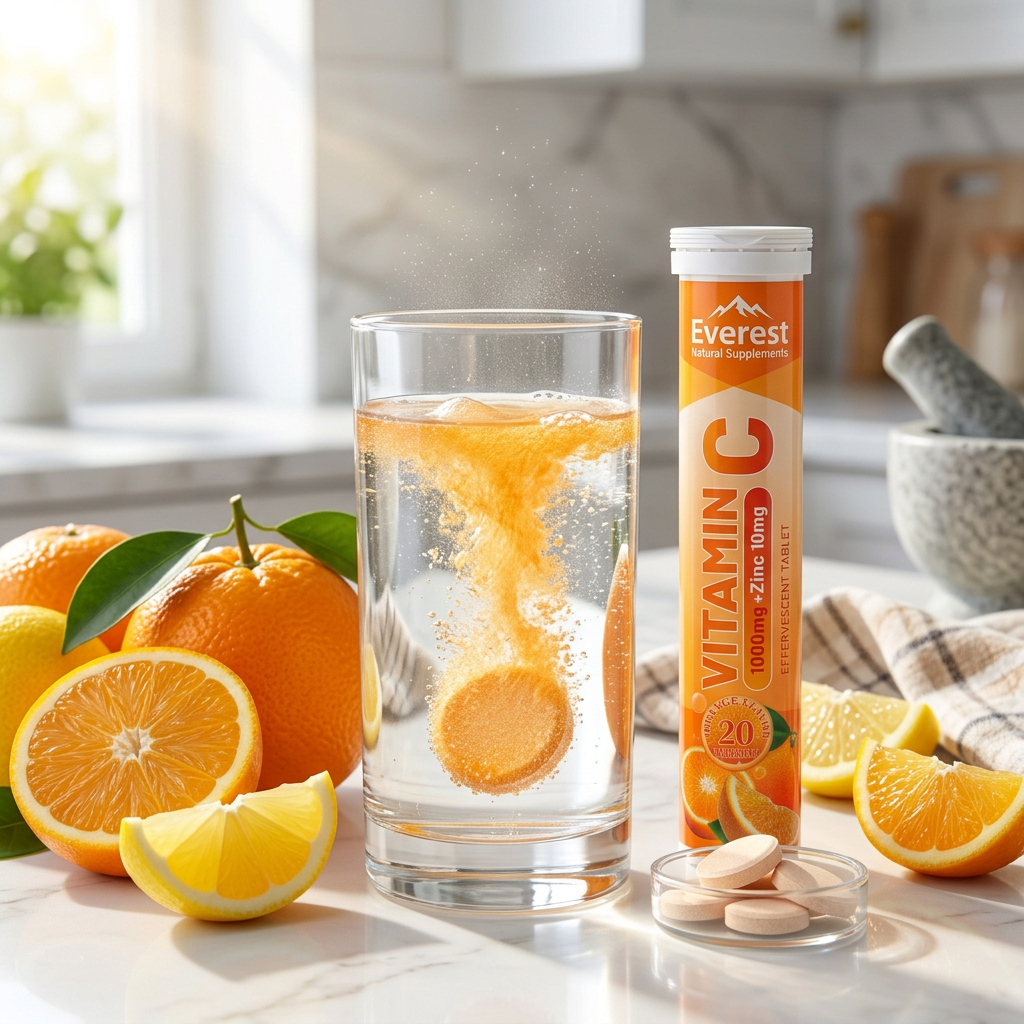 EVEREST Vitamin C + Zinc effervescent tablet fizzing in glass of water with citrus fruits