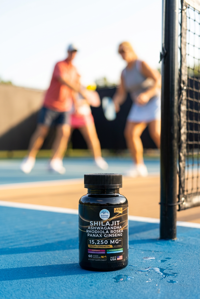 Everest Supplements bottle on pickleball court