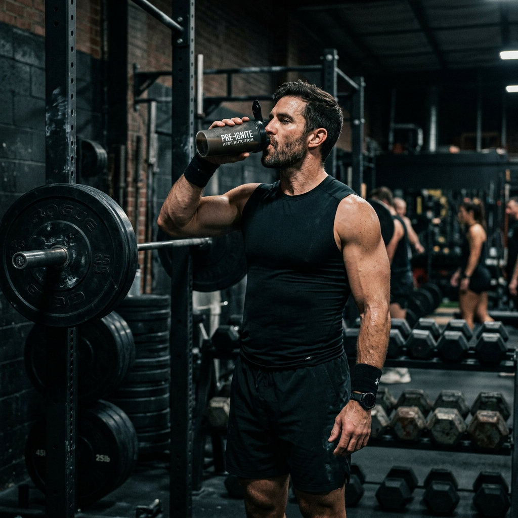 Gym athlete drinking pre-workout supplement
