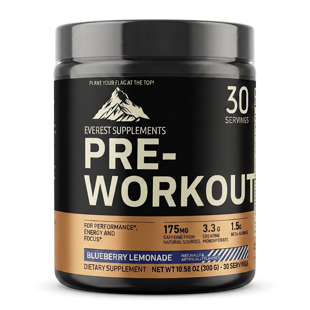 EVEREST Blueberry Lemonade pre-workout tub, digitally enhanced product mockup