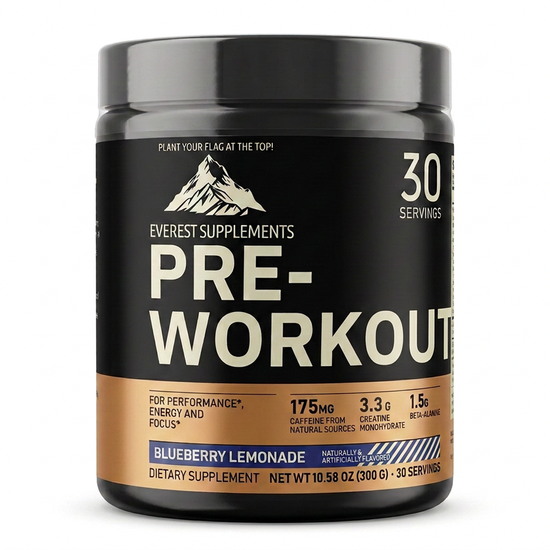 EVEREST Blueberry Lemonade pre-workout tub, digitally enhanced product mockup