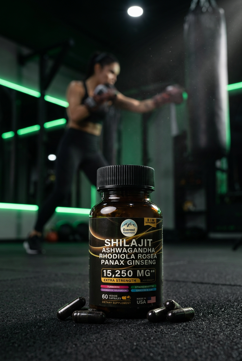 Everest Supplements bottle in cardio gym setting