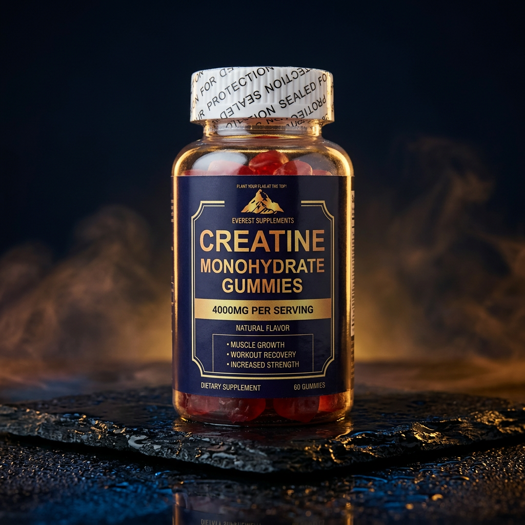 EVEREST Creatine Gummies front label - dark dramatic studio shot