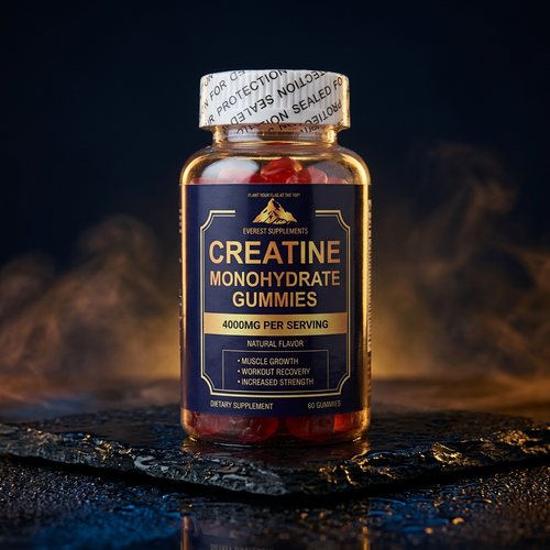EVEREST Creatine Gummies front label - dark dramatic studio shot