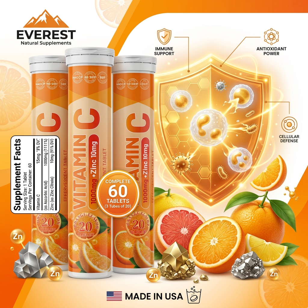 EVEREST Vitamin C + Zinc supplement facts - 1000mg Vitamin C and 10mg Zinc Citrate per effervescent tablet