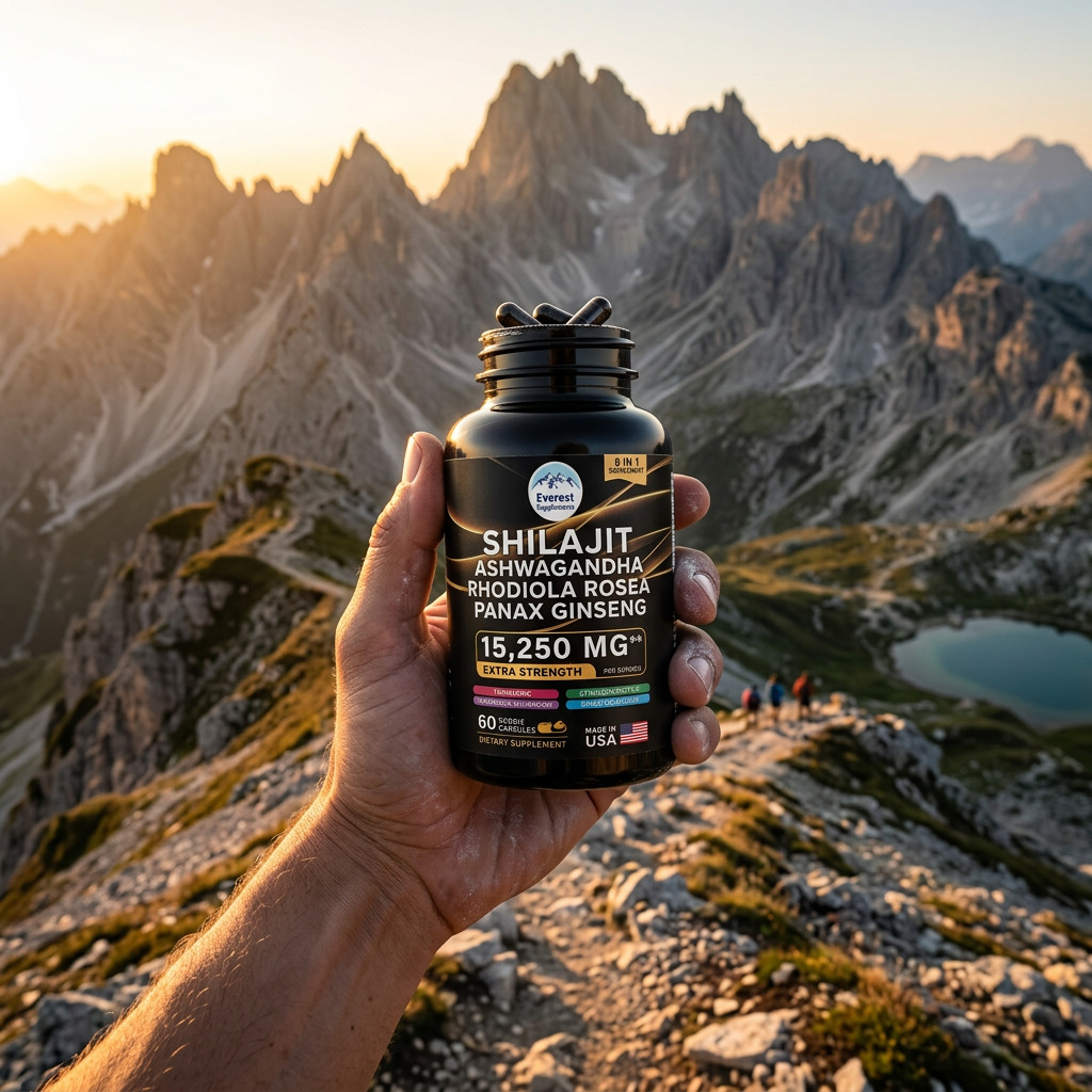 Athlete holding Everest Supplements bottle on mountain trail at sunrise