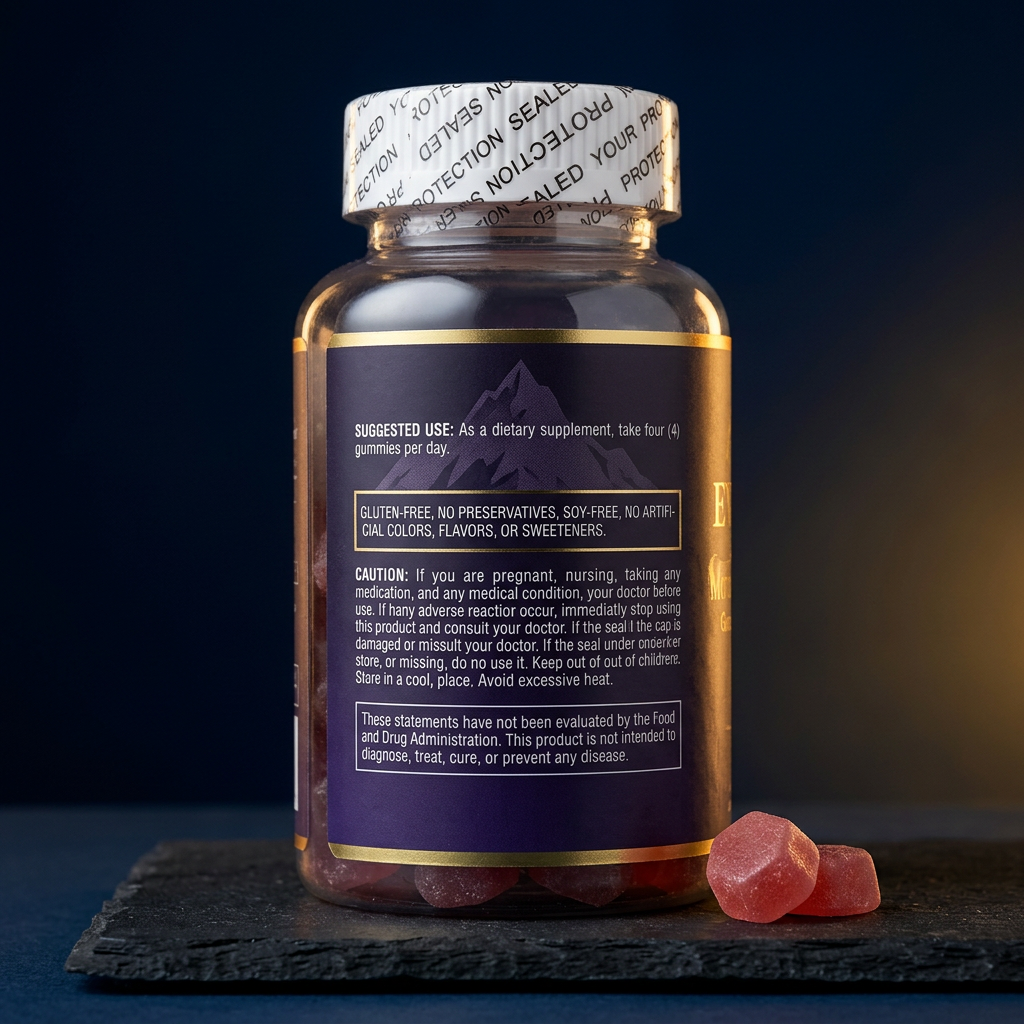 EVEREST Creatine Gummies back label - dark dramatic studio shot