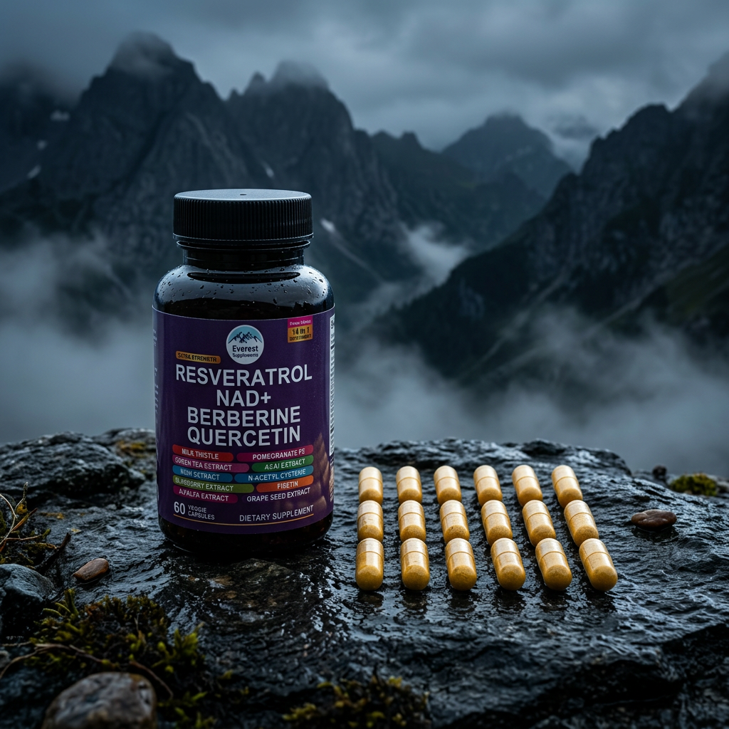 Everest NAD+ supplement bottle on mountain rock with dramatic misty peak backdrop