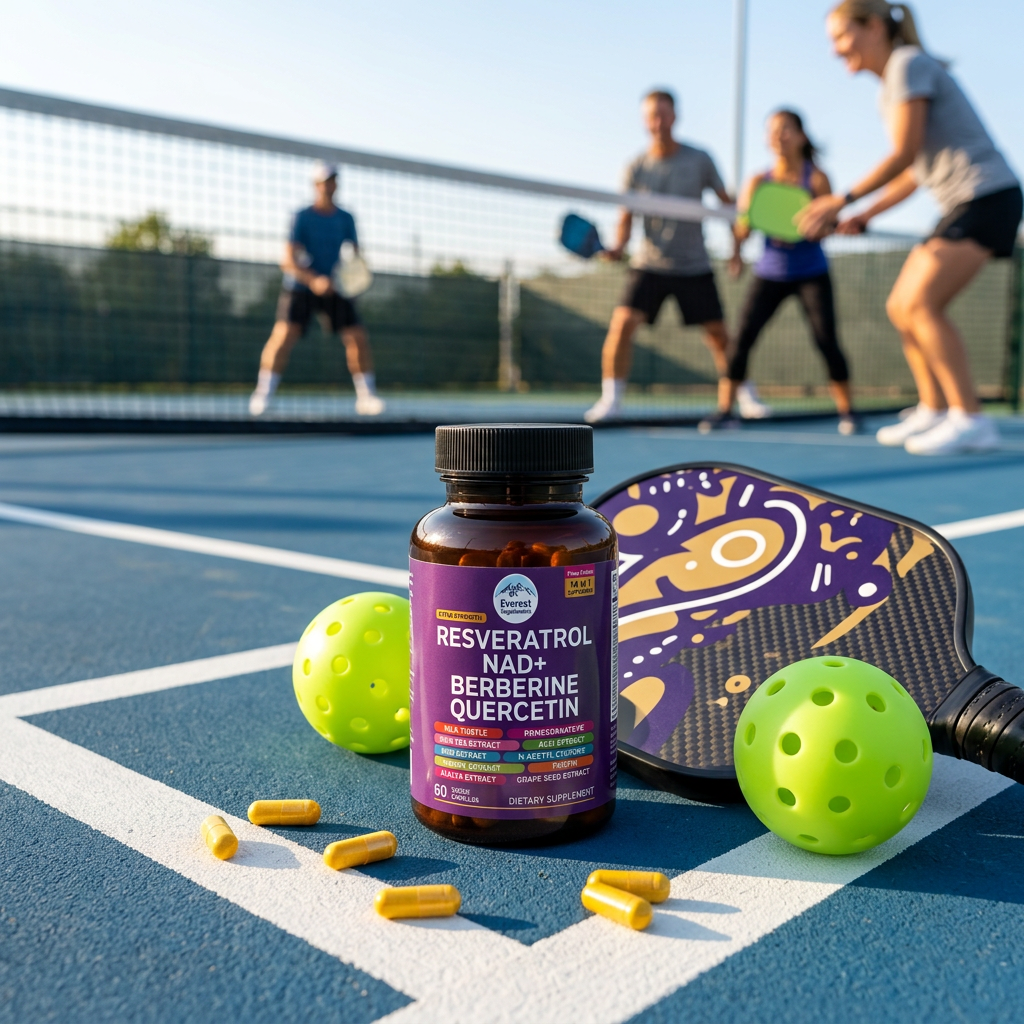 Everest NAD+ supplement bottle on pickleball court with paddle and ball active lifestyle